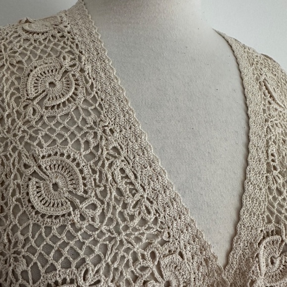 Vintage 1970s Hand Crocheted Open Knit Button Front Short Sleeve Cardigan Top M? - Picture 4 of 12